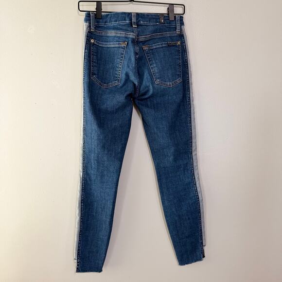 7 For All Mankind Two Toned Side Striped Skinny Leg Jeans Mid Rise Raw Hem Sz 24 - Picture 7 of 14